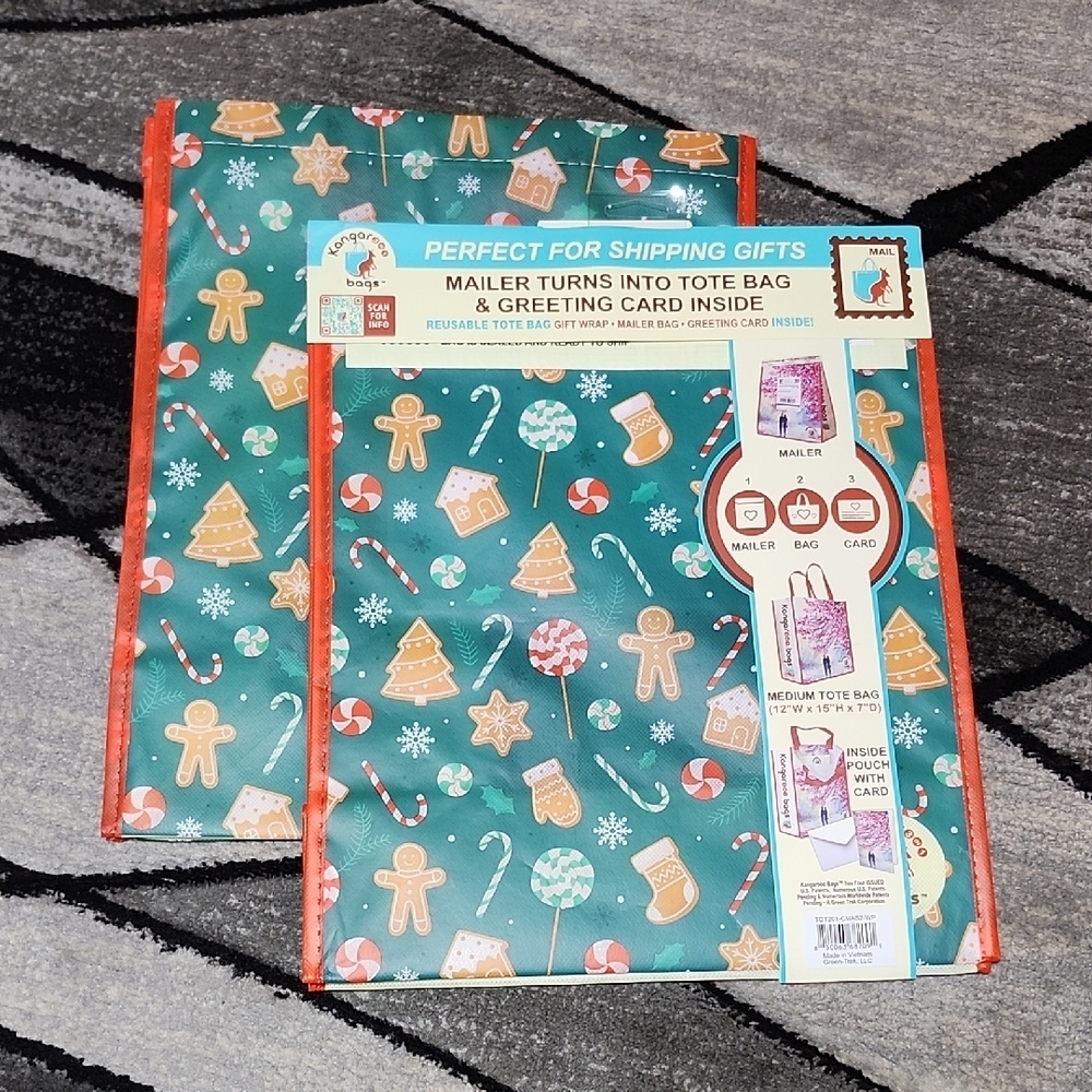 CHRISTMAS THEMED KANGAROOO 3-IN-1 REUSABLE GIFT MAILER BAGS SET-OF-2 BUNDLE